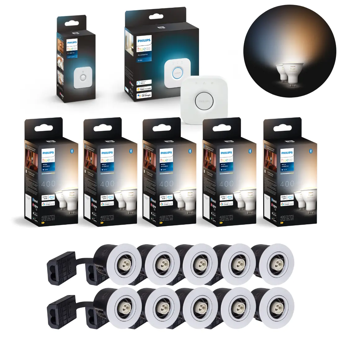 Inbyggnadsspot Startpaket | Inkl. 10x Philips Hue GU10 2700K + Bridge + Dimmer