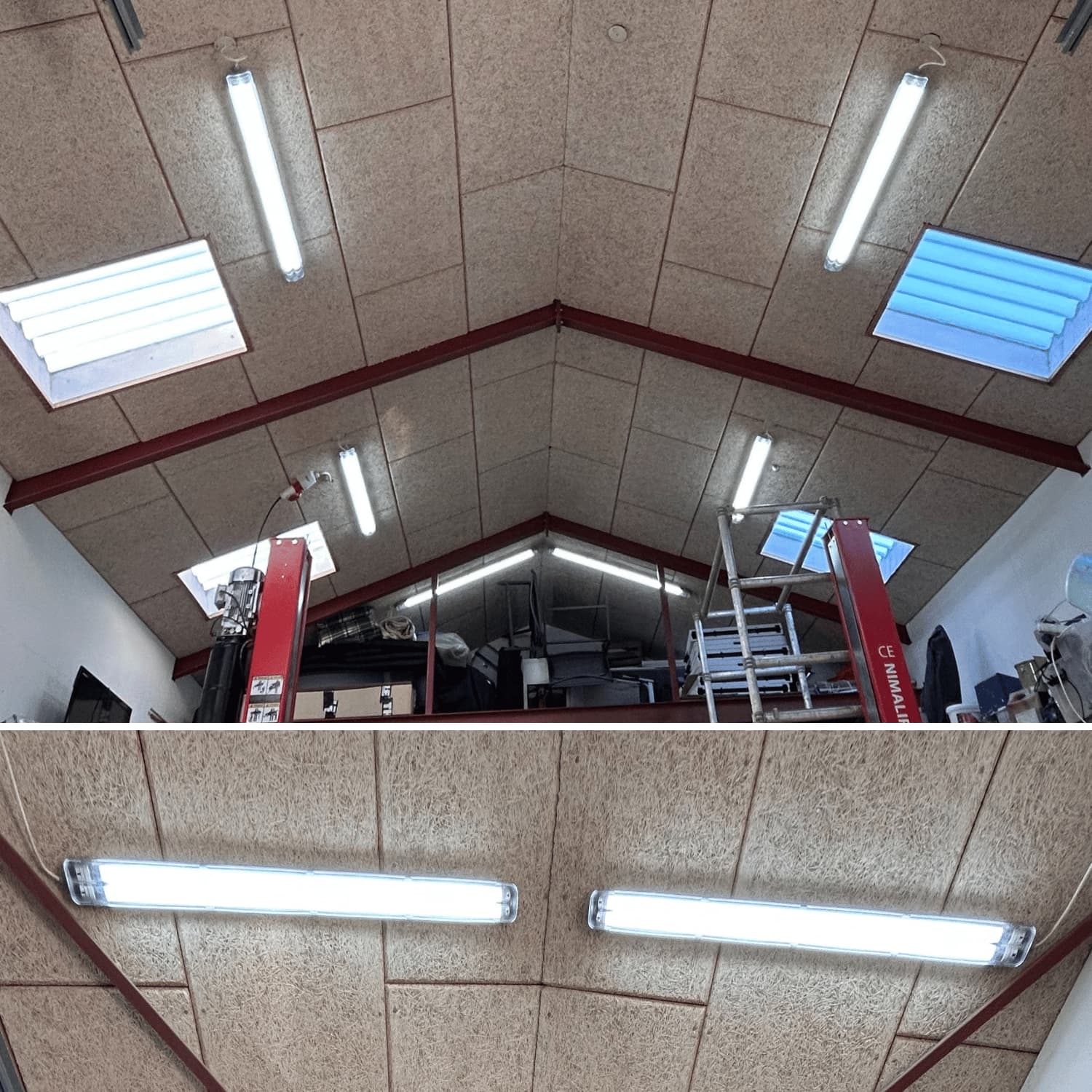 LED industriarmatur 120cm installerad i verkstadstak med flera armaturer som ger stark och jämn belysning.