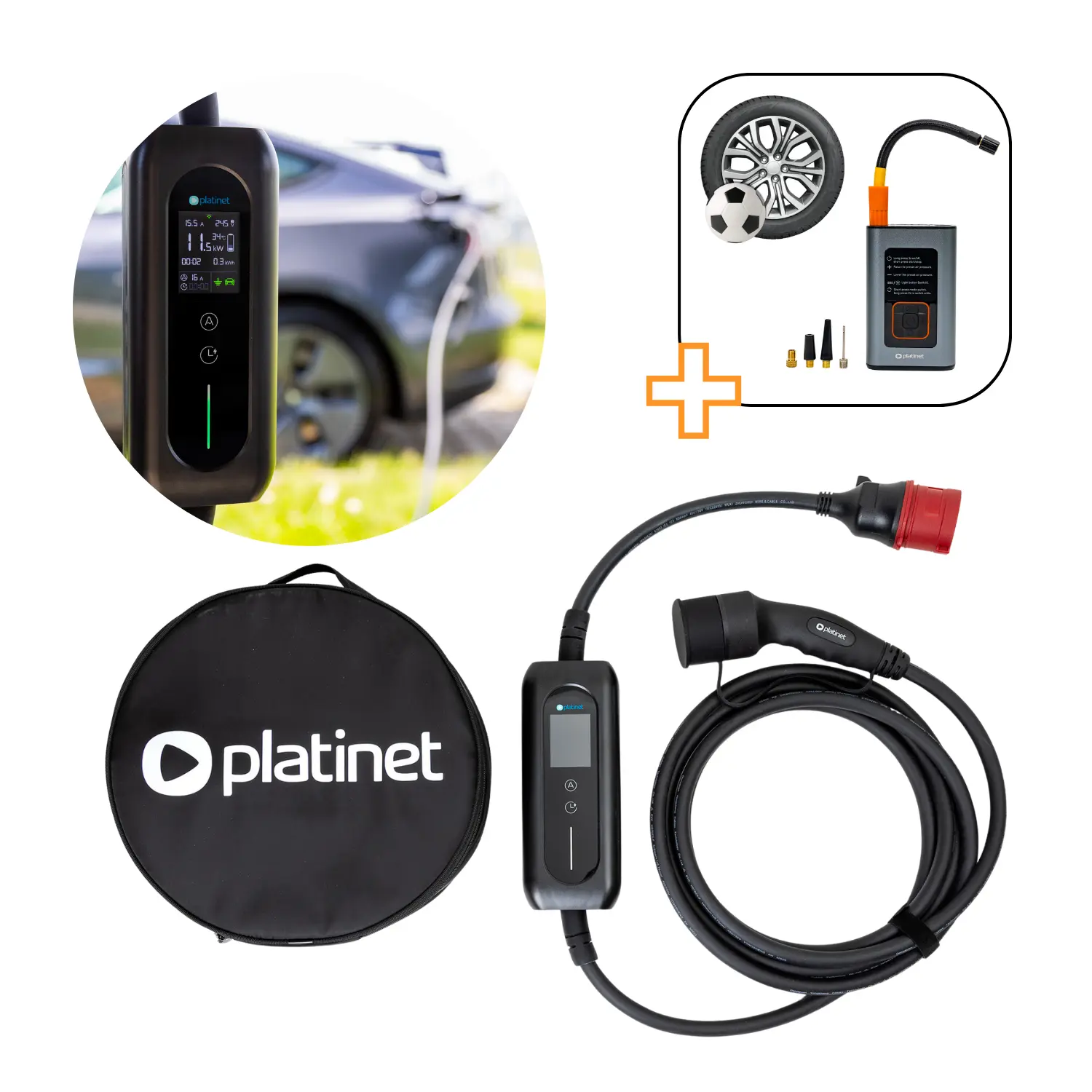 Elbil lader - 5m - 22KW - Type 2 - WiFi og Appstyring - Tuya - Inkl. Elektrisk luftkompressor