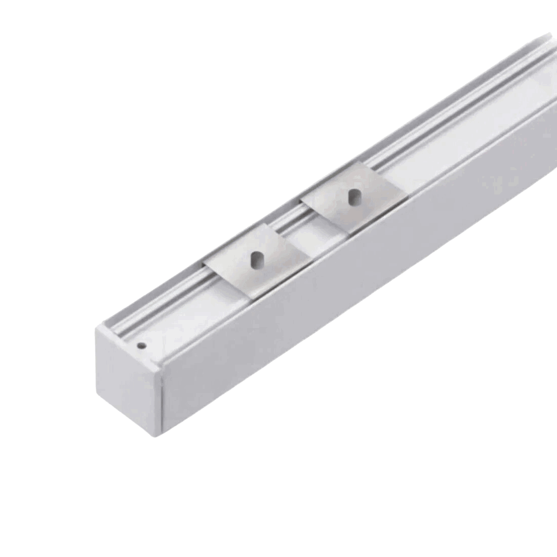 Hvid aluprofil vist med metalbeslag til skjult montering.