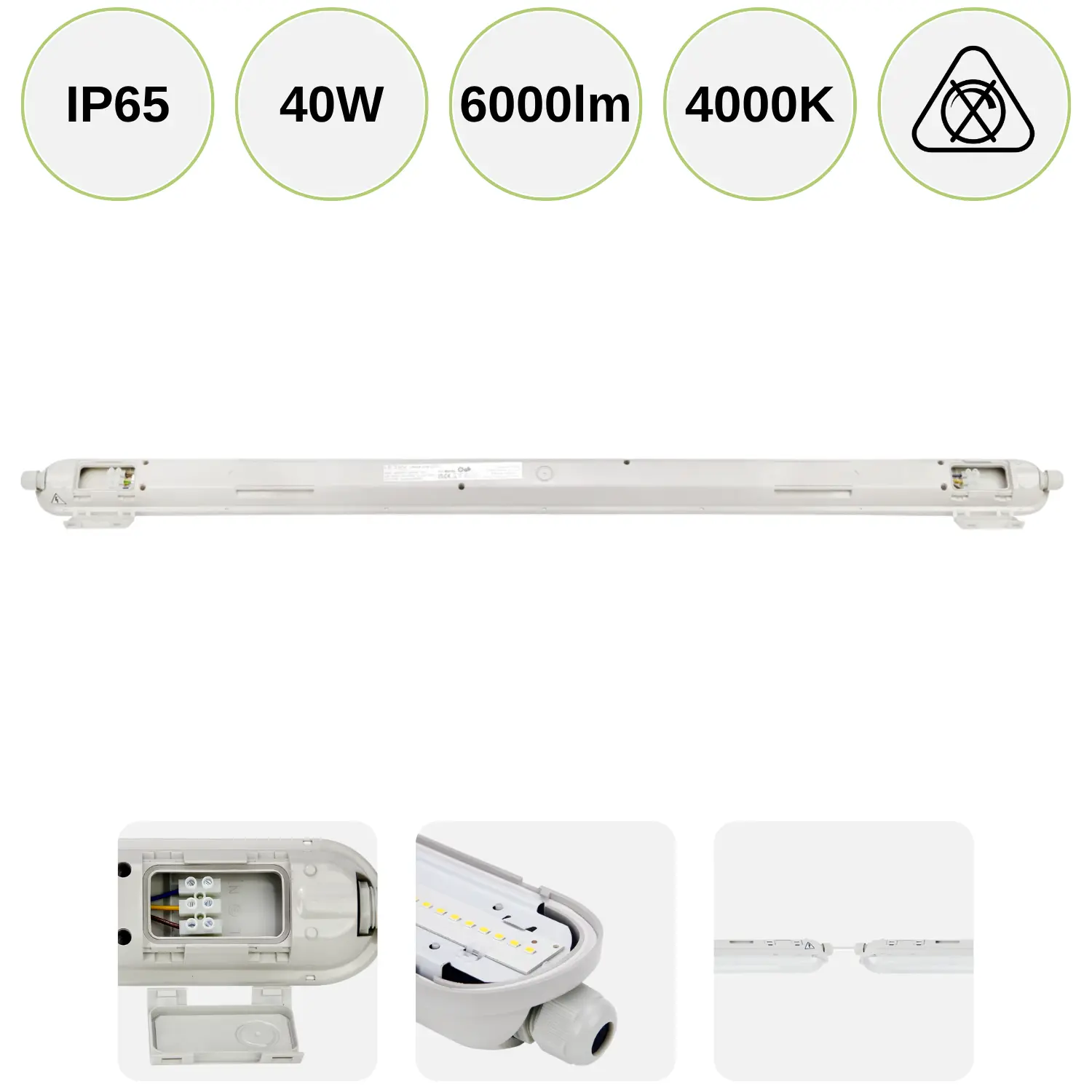 LED Armatur 120cm LINKER 40W med 6000lm och 4000K, IP65 kapslingsklass, visat med närbilder av kabelanslutning, kabelgenomföring och genomkoppling.