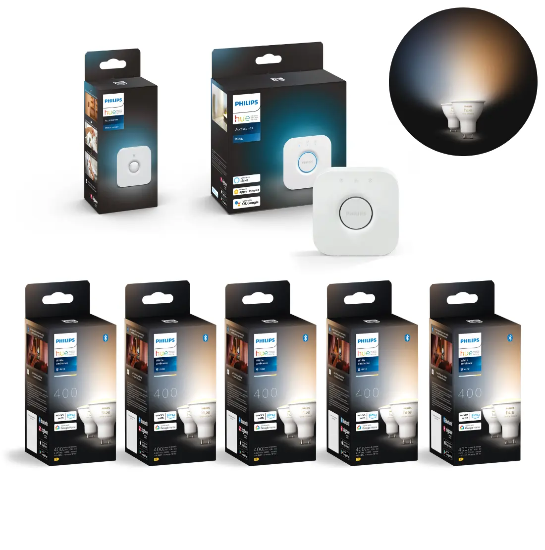 Philips Hue Upgradepakket | 10x Hue GU10 White Ambiance lampen | Hue Bridge + Hue Sensor