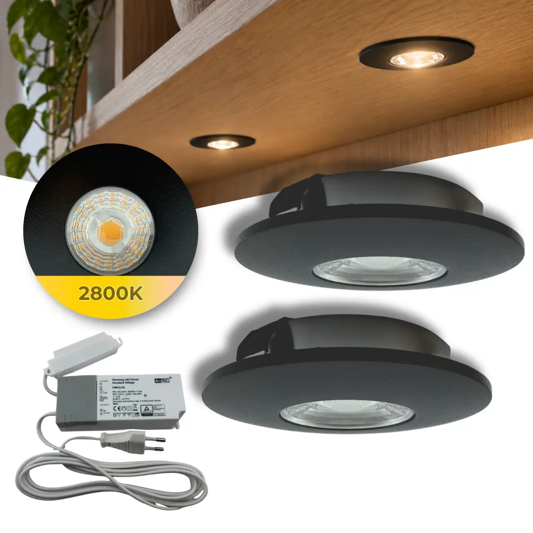 MITO Møbelspot 2 stk. inkl. Driver & Fordeler | LED | Dæmpbar | Sort | 2800K