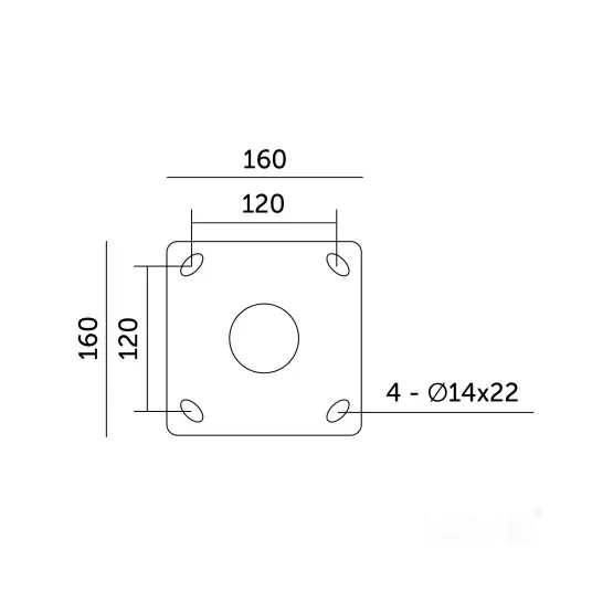 Stolpfot för LED lampor med fyrkantig monteringsplatta 160 x 160 mm och fyra bult-hål för säker fastsättning.