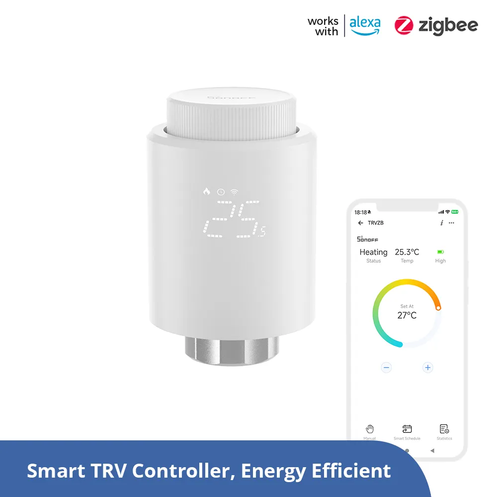 Hvid Sonoff radiatortermostat med Zigbee 3.0, digital LED-skærm og metalgevind, vist sammen med smartphone-app der viser temperaturstyring.