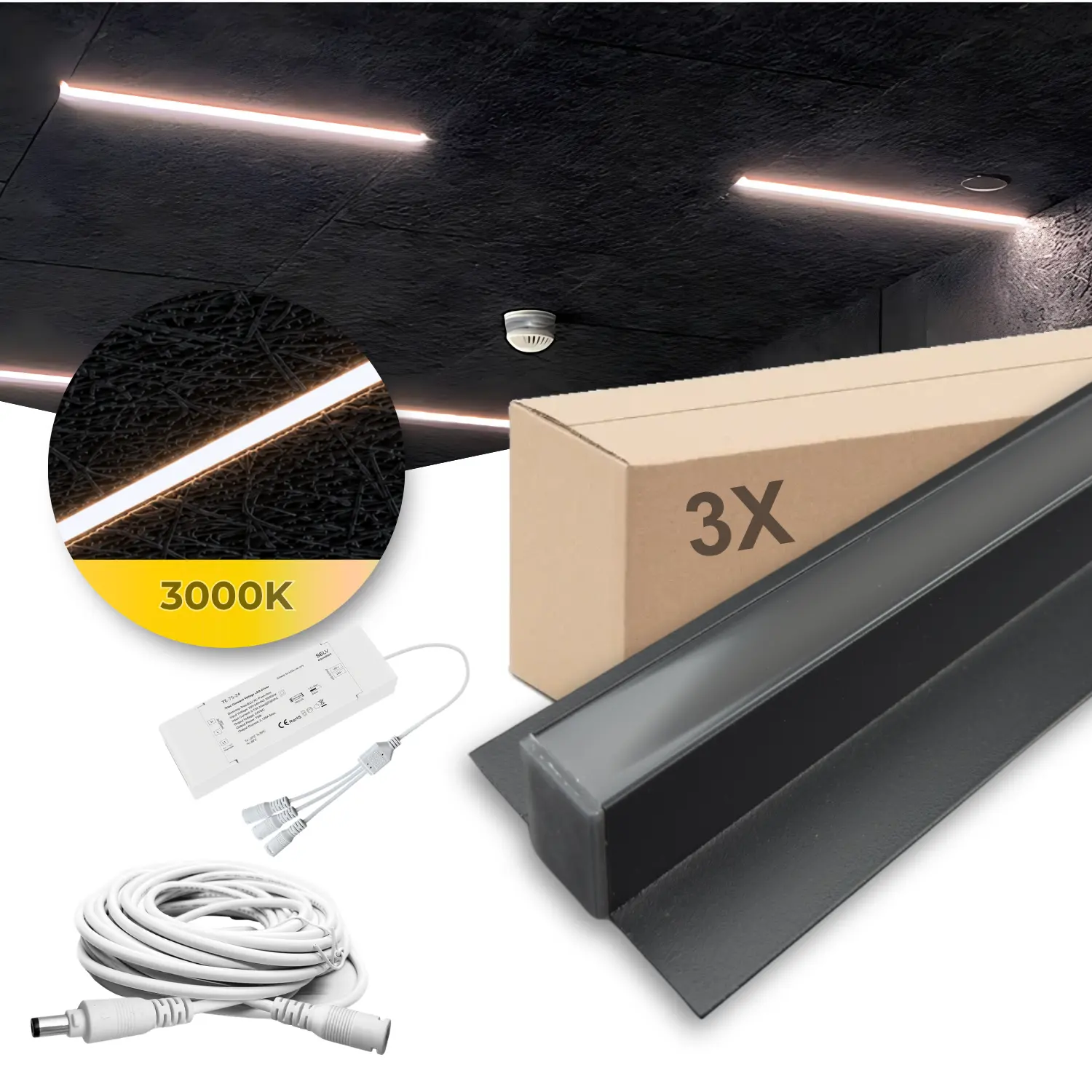 LED Troldtekt Rails 60cm | Set om 3 | Inklusive kablar, drivdon och 3-splitter | 3000K | PureLED | Svart