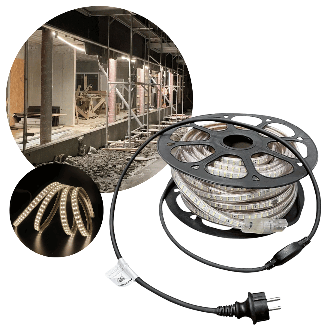 LED-strip på 25 meter med EU-kontakt på rulle, anpassad för pålitlig belysning både inne och ute.