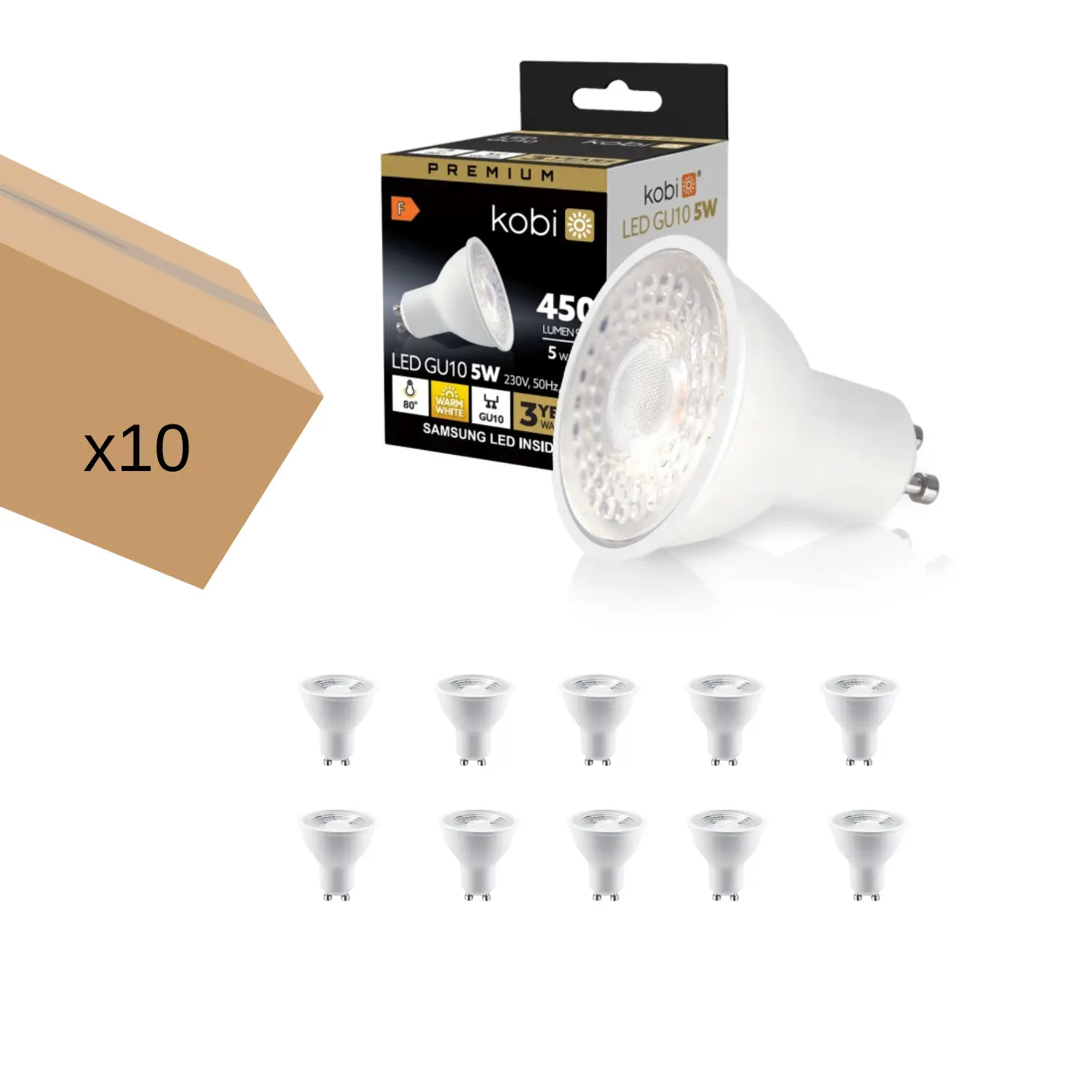 LED Lampa GU10 | 10-pack | 5W | 3000K | 450lm | SAMSUNG LED | Ej dimbar