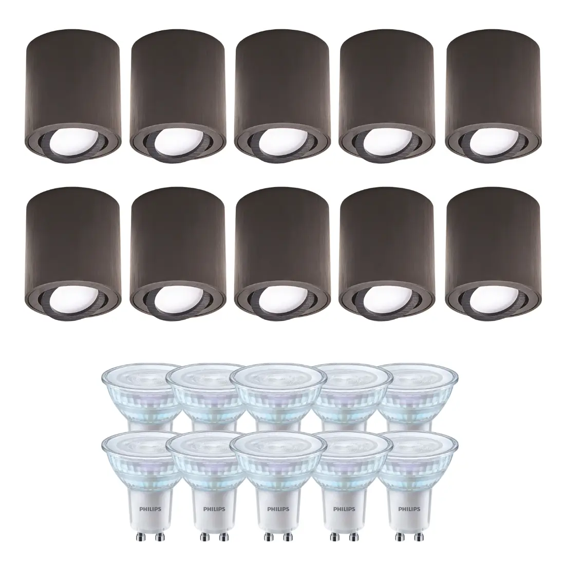 Aufbauleuchten | 10er-Paket inkl. Gu10 3000K | Dimmbar | Schwarz | mit Kip | Innenbereich | 230V