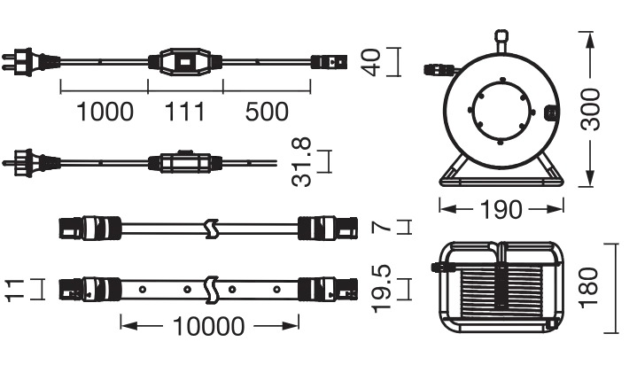Tekniska ritningar av LED ljusband med mått och specifikationer för kabel, rulle och kontakt.
