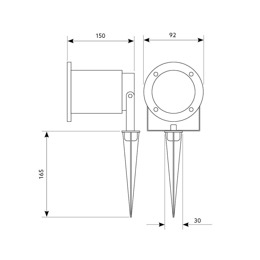 Teknisk ritning av havespot med spjut i aluminium med GU10-sockel, visad med mått på 150 mm längd, 92 mm bredd och 165 mm höjd. Illustrationen visar armaturens dimensioner med IP65-skyddsklass.
