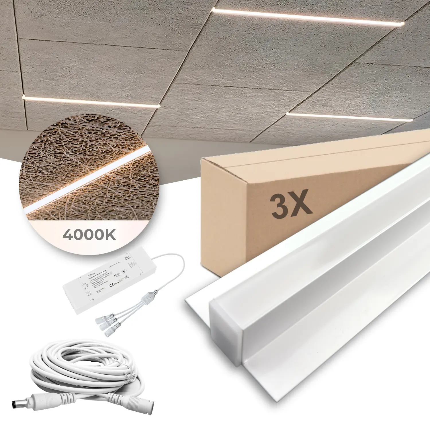LED Troldtekt Rails 60cm | Set om 3 | Inklusive kablar, drivdon och 3-splitter | 4000K | PureLED | Vit