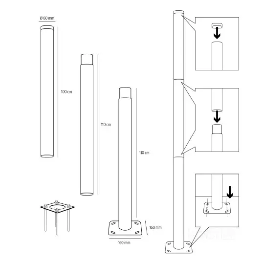 Illustrerad monteringsanvisning som visar montering och installation av stolpfot till LED lampor på fundament.