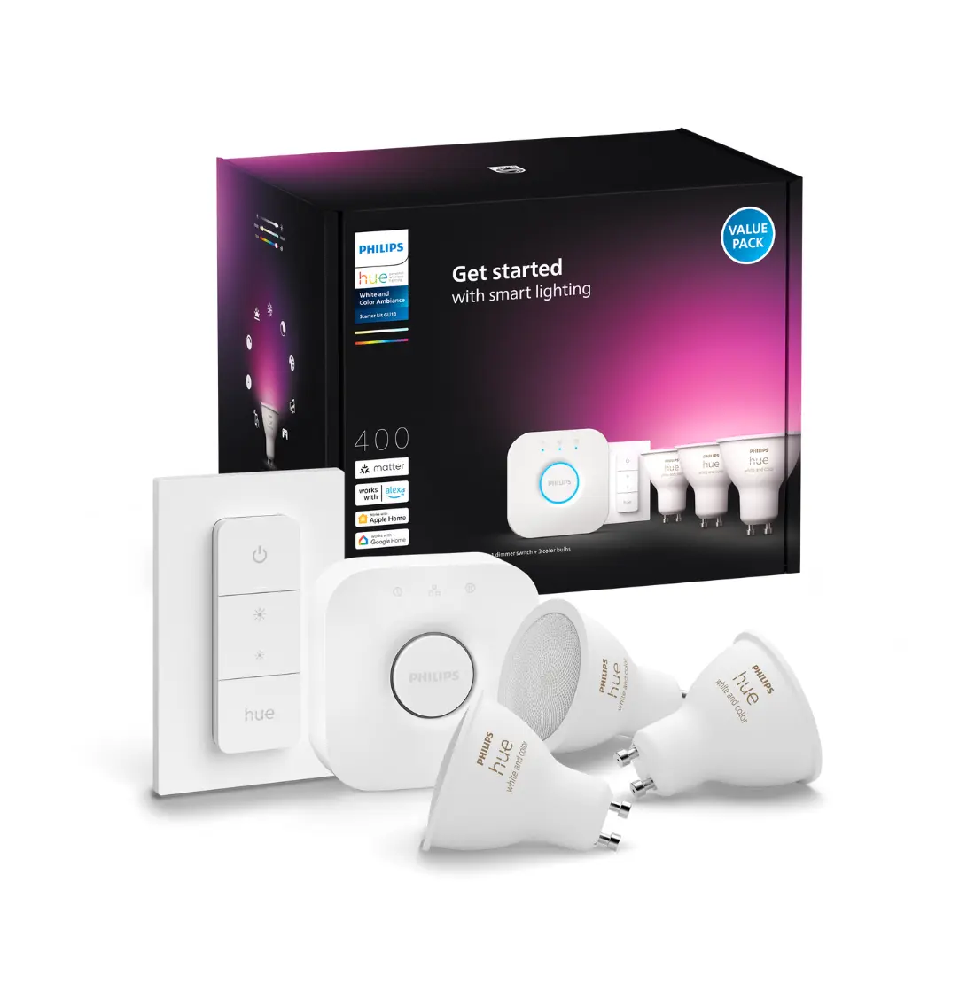 Philips Hue Gu10 Startsæt White & Color Ambiance Bridge + Switch 400lm 42w