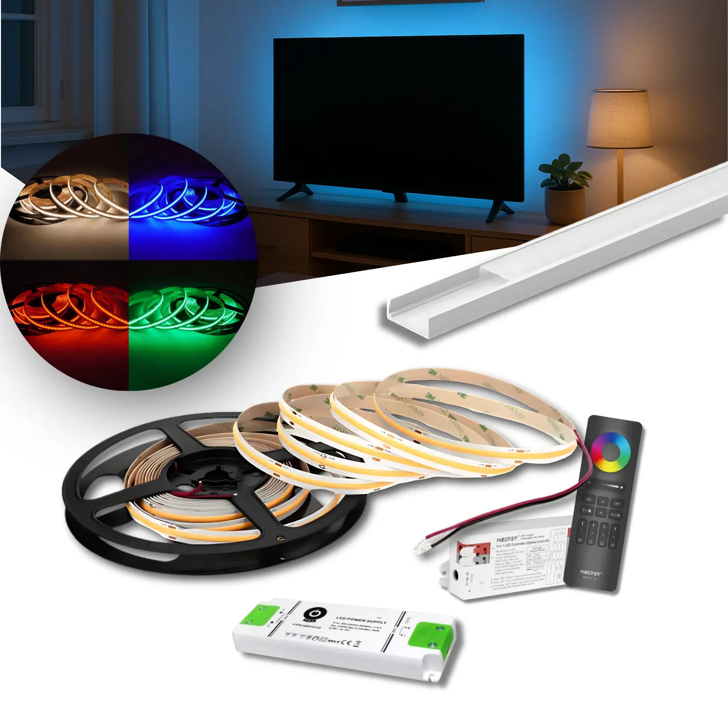 COB LED remsset | 5m | RGBW | Zigbee | 16W/m | 12mm | Inkl. styrenhet, fjärrkontroll och profil