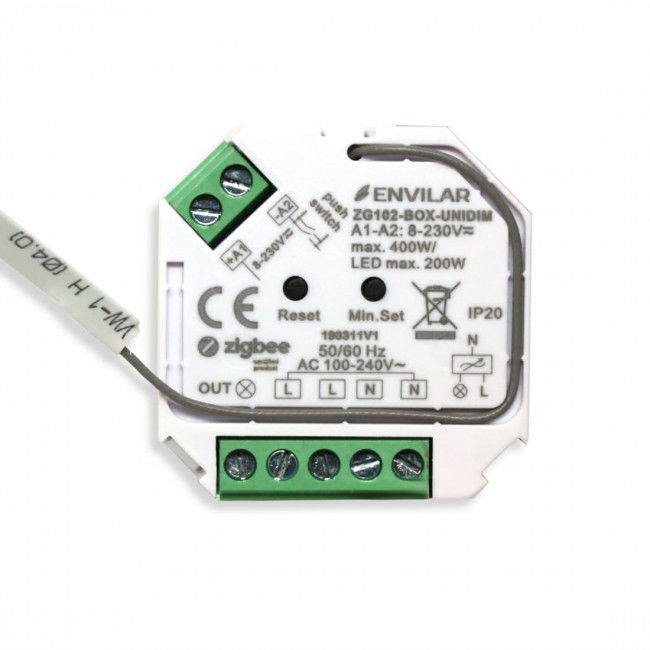Universal Zigbee Smart Home lysdæmper til LED med tilslutningsklemmer og kompakt design til dåsemontering. Enheden understøtter Philips Hue og andre Zigbee-systemer.