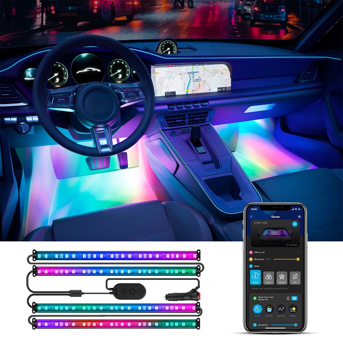 Govee Indendørs Bil Lys - RGBIC - Bluetooth (H7090)