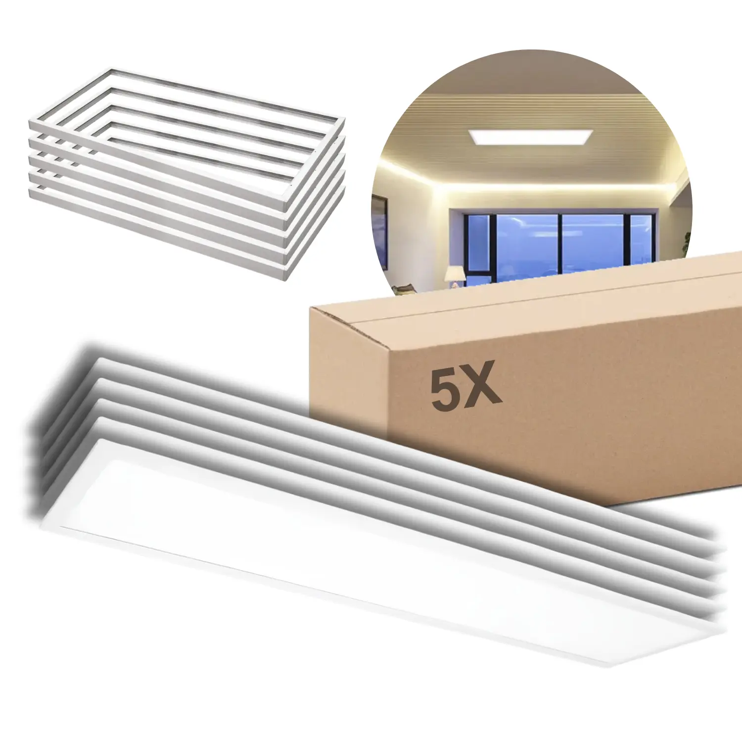 LED-Panel 30 x 120 | 5er-Pack | 4000 K | 4500 lm | 25 W | UGR19 | BRIGHT | Inkl. Aufbaurahmen | Weiß