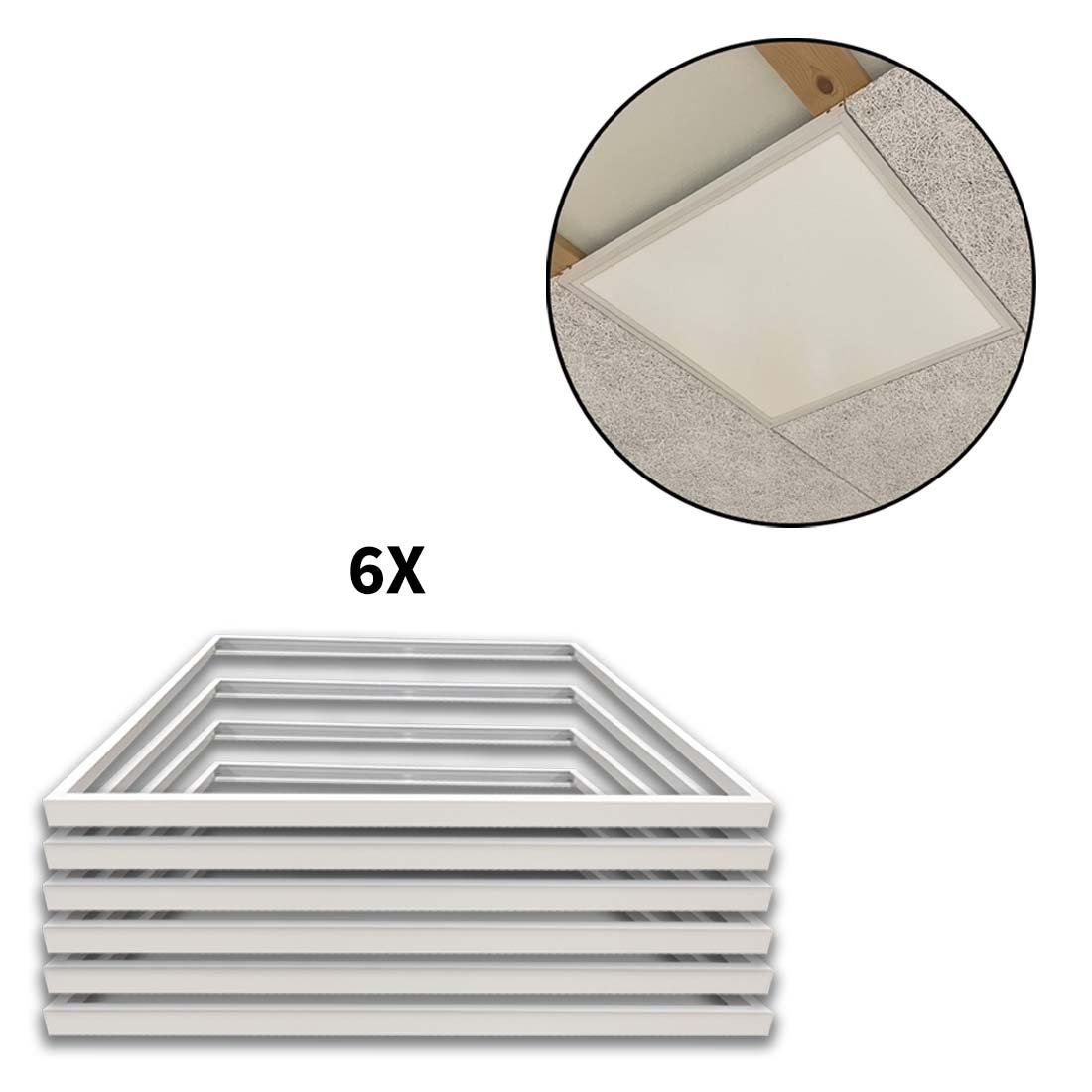 6 stk. 60x60 LED Panel Ramme til Troldtekt - PERFECT FIT - Hvid Ramme - Indbygning - Troldtekt