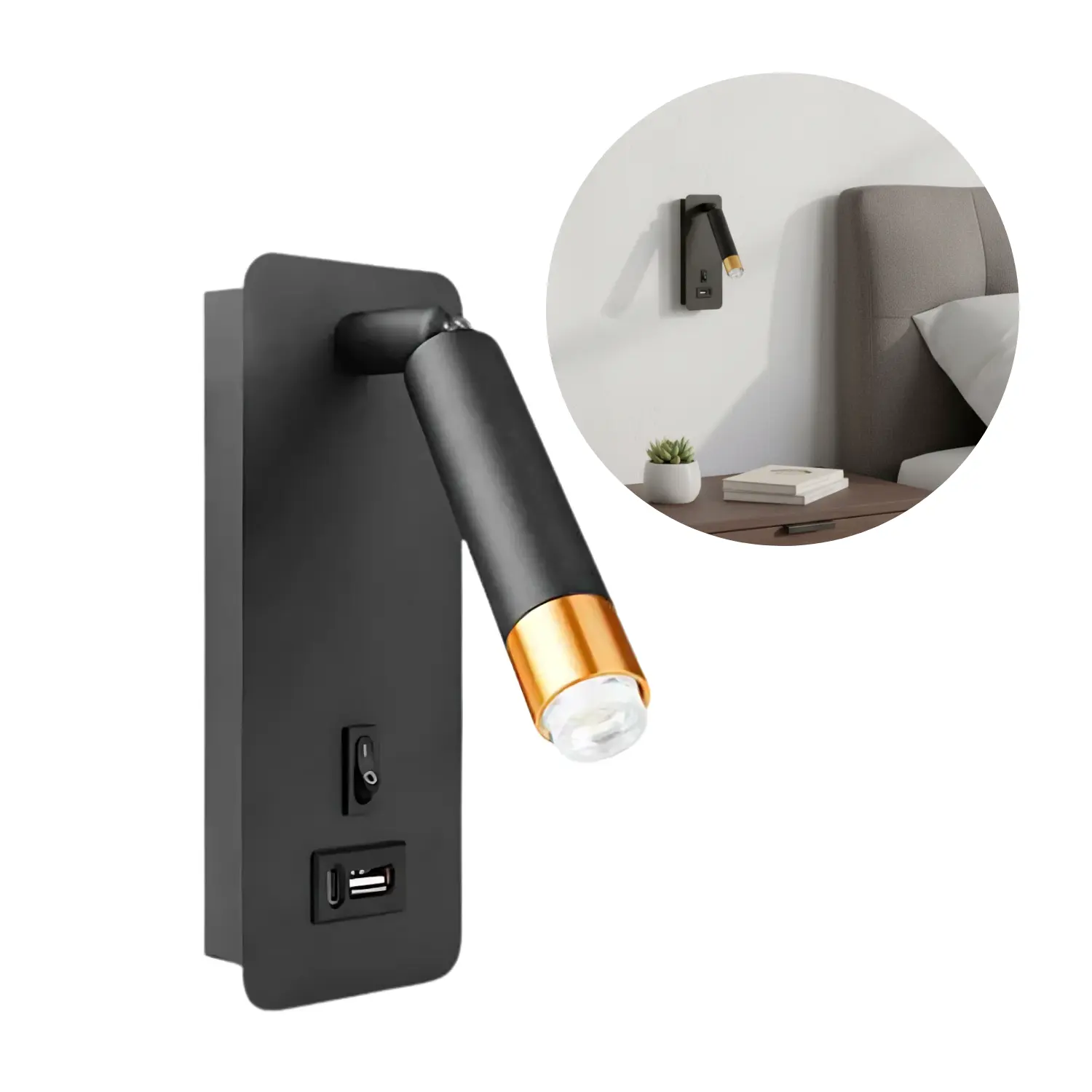 Wandhängende Nachttischlampe mit USB-Stecker | USB Typ A+C | G9 | Schwarz und Messing