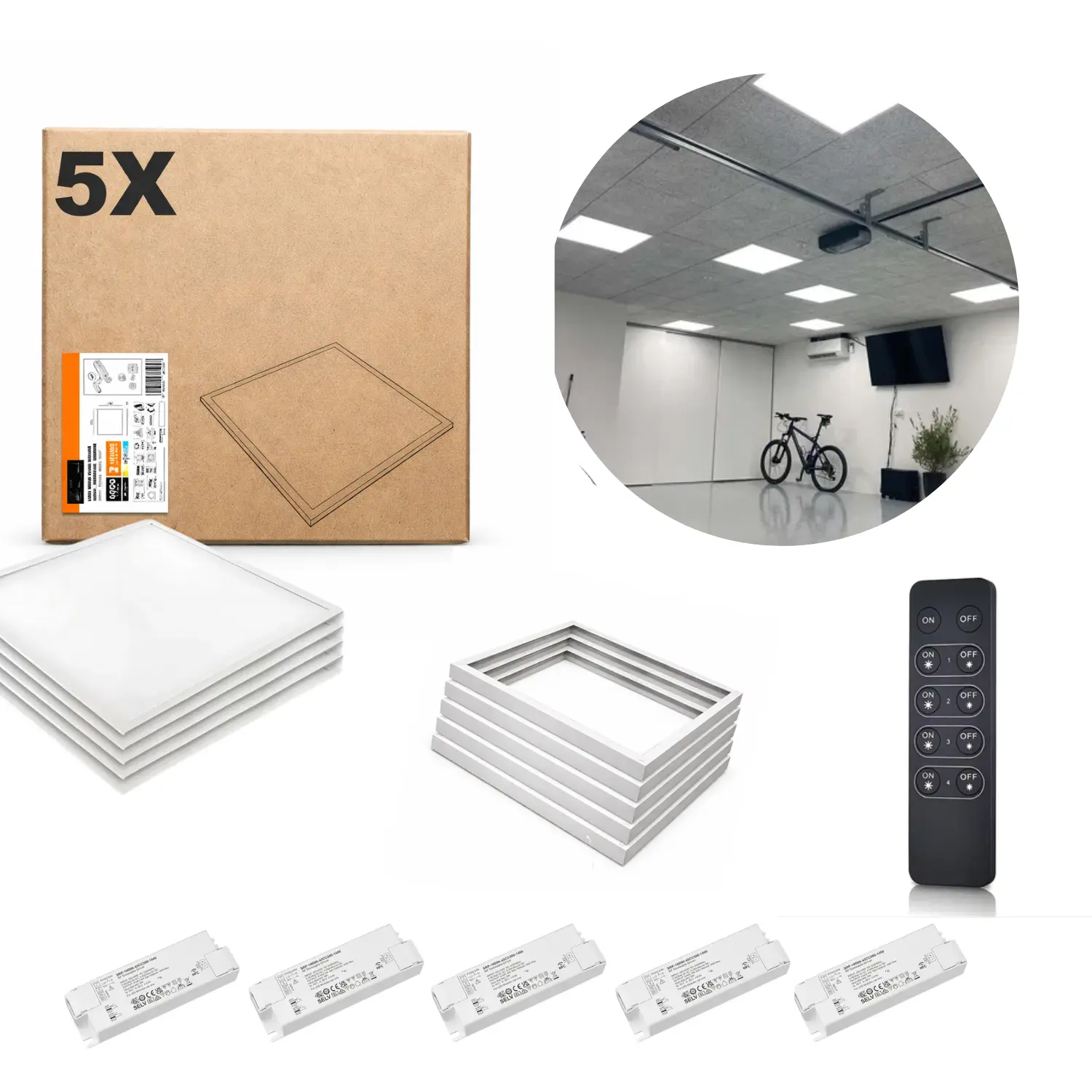 LED Paneel 60x60 | 5-Pack | Dimbaar | 3000K | 4000lm | Incl. Afstandsbediening en Montageframes | NIRA | Wit