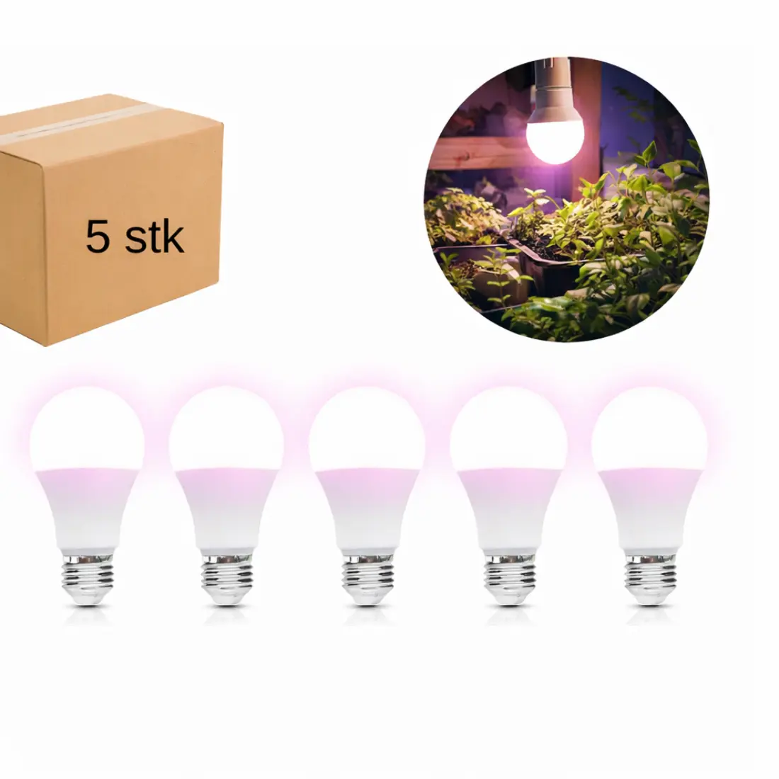 LED Grolys Lamp E27 | 5 verpakking | 14,4 PPF | 11W | PLANTY | Wit