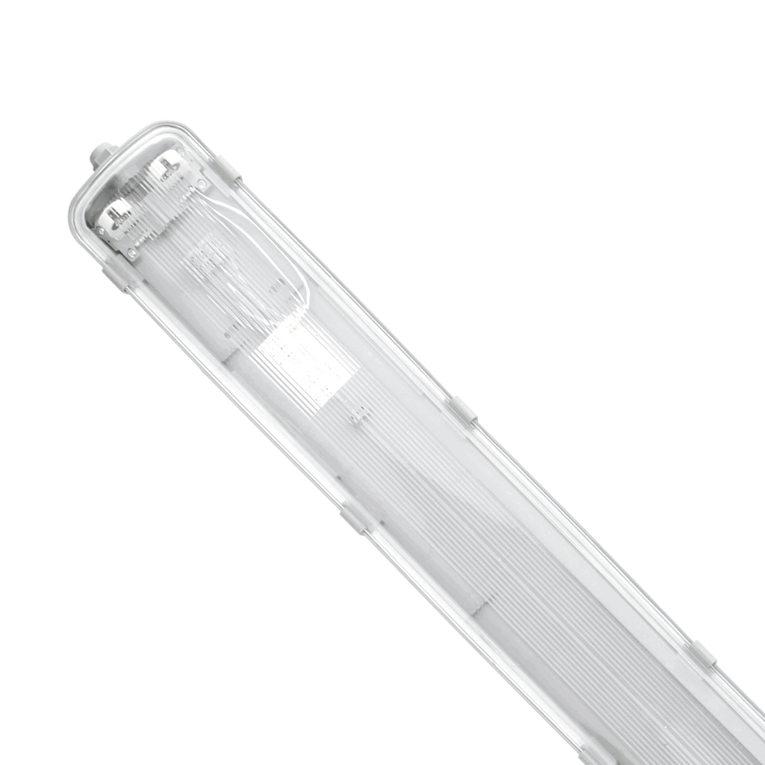 LED industriarmatur i lang, smal form med gennemsigtigt dæksel og plads til to LED rør.