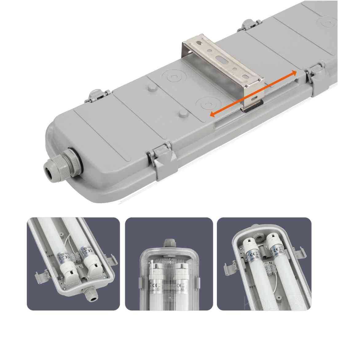 LED industriarmatur 120 cm IP65 med to T8 LED-rør 2x18W i 4000K, grå bagplade vist med beslag og detaljeret konstruktion.