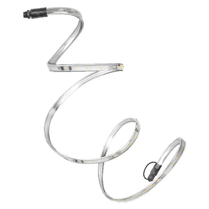 Flexibelt LED ljusband i kallvitt, visat som utrullad PVC-remsa med inbyggda lysdioder.