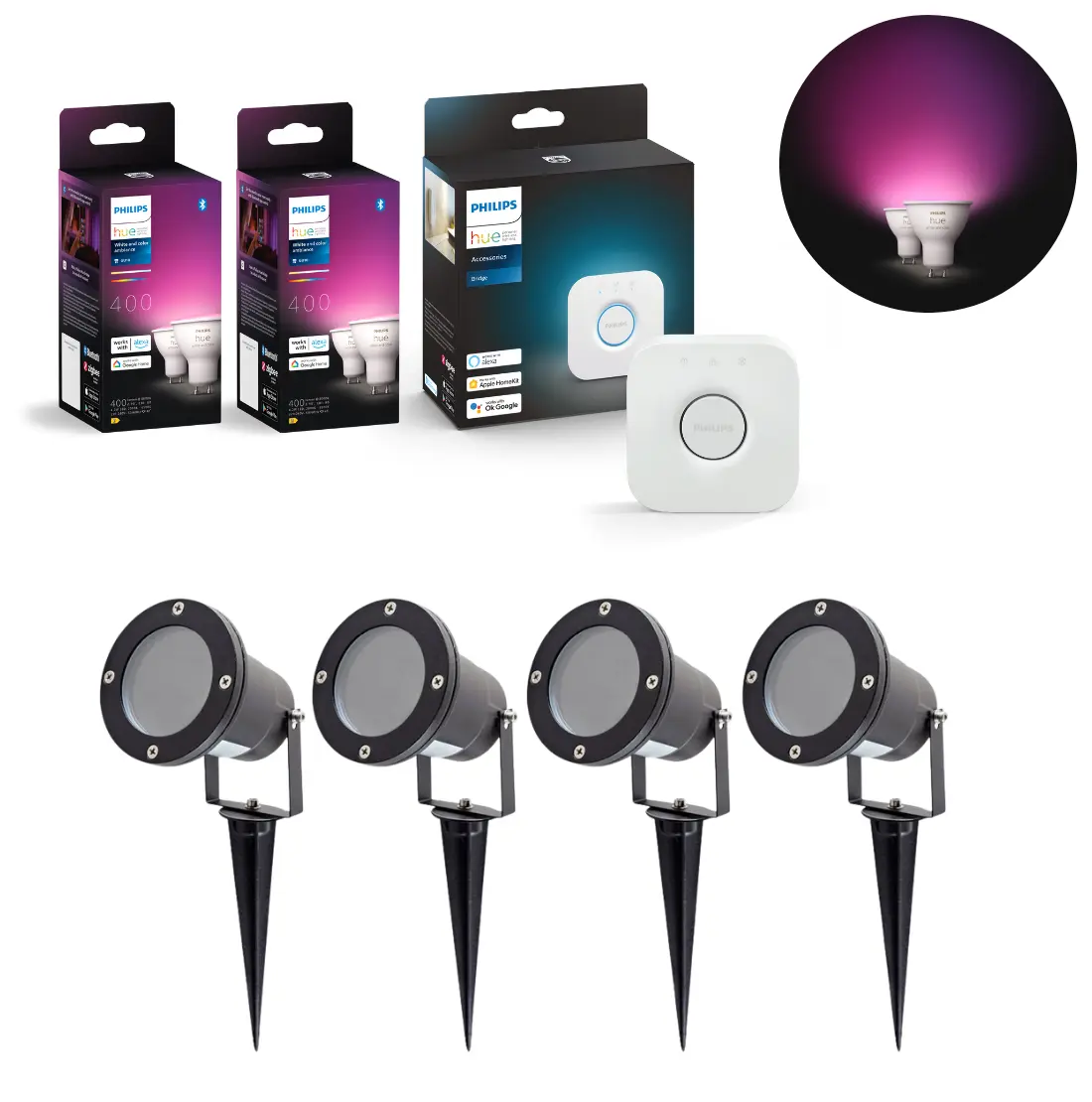 Tuinspot Startset | Incl. 4x Philips Hue GU10 White&Color + Hue Bridge
