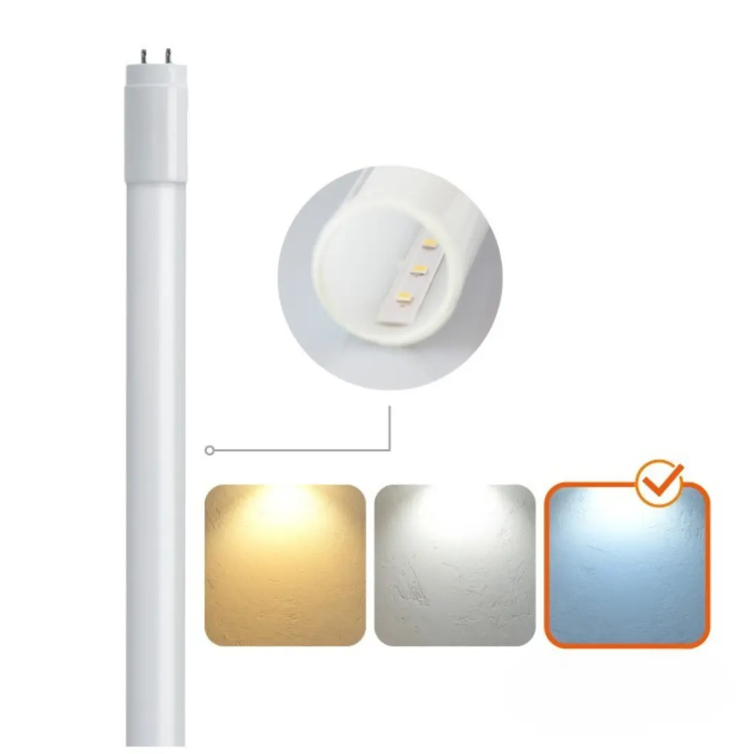 Hvidt LED rør 150 cm med G13 fatning og single-end input, vist i nærbillede af stiften. Røret præsenteres med tre lysfarver, hvor kold-hvid 6500K er markeret som valgt.