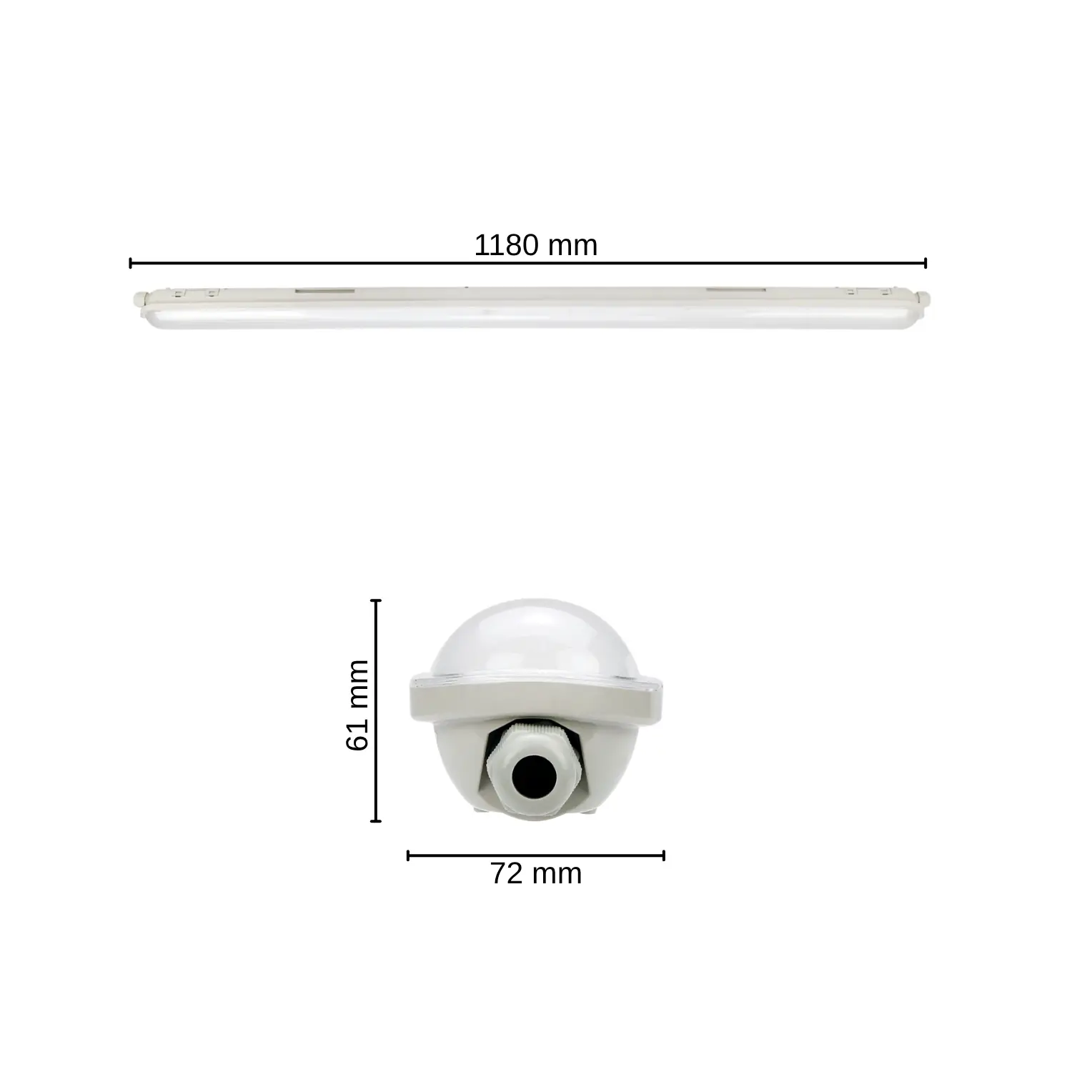 LED Armatur 120cm LINKER 40W med 6000lm och 4000K, IP65 kapslingsklass, visat med närbilder av kabelanslutning, kabelgenomföring och genomkoppling.