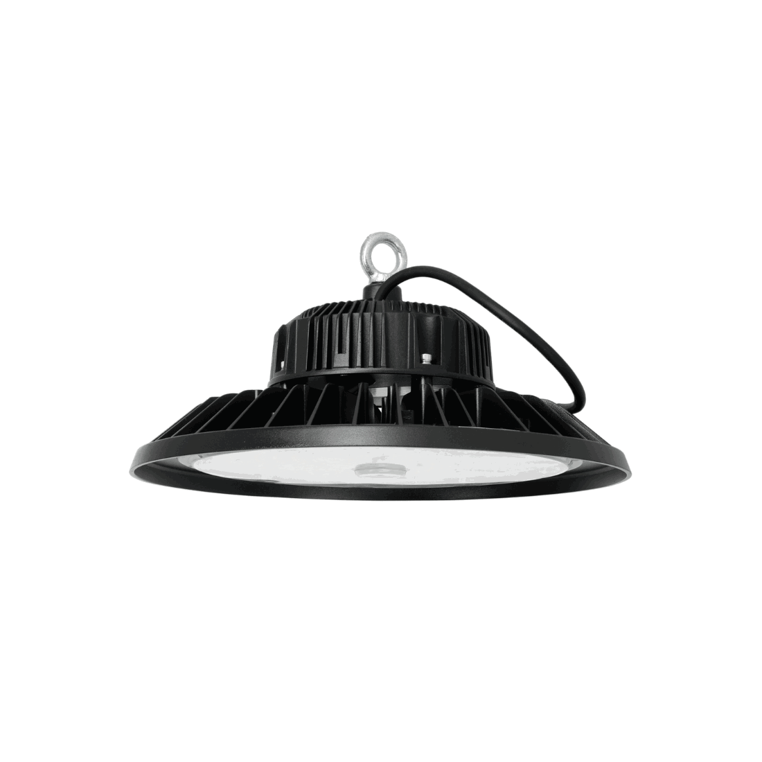 Rund LED industrilampe RIO PRO 200W 4000K med sort ribbet aluminiumshus og forstærket PC-dæksel. Lampen har 28.000 lumen, IP65 tæthedsklasse og 120° lysvinkel, velegnet til industrielle miljøer.