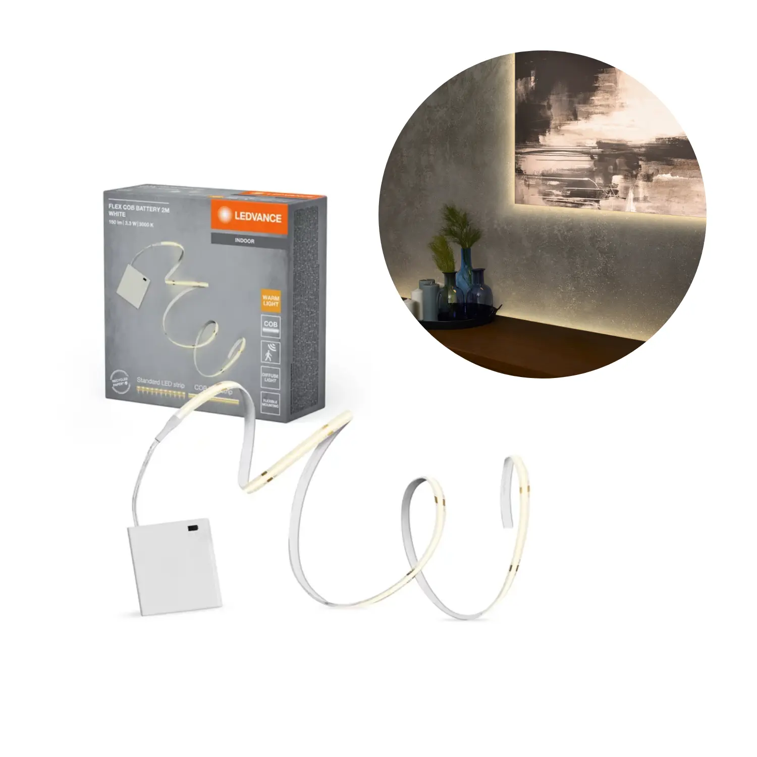 OSRAM COB LED Strip | batteridriven | 2 meter | 3000K | IP20 | Plug n Play