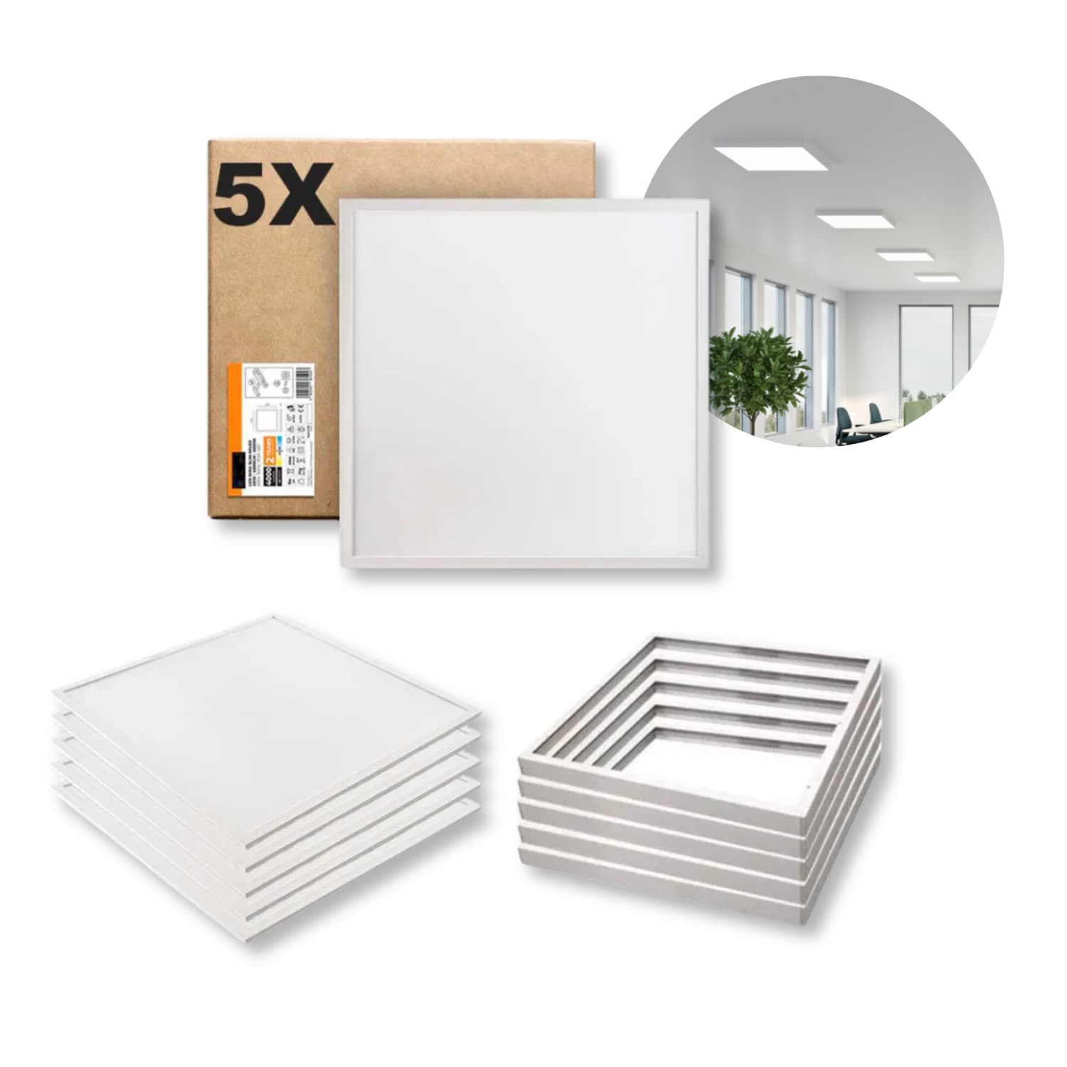 LED Paneel 60x60 | 5-pack | 3000K | 4000lm | 40W | NIRA | Incl. frame voor opbouw | Wit