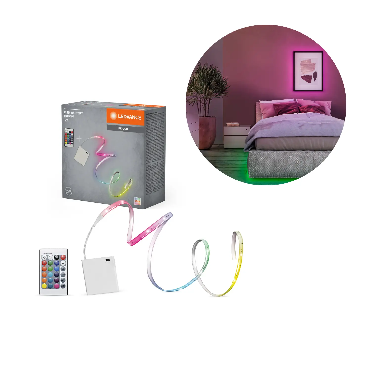 OSRAM RGB LED Strip | batteridrevet| m/Fjernbetjening  | 5 meter | IP20 | Plug n Play