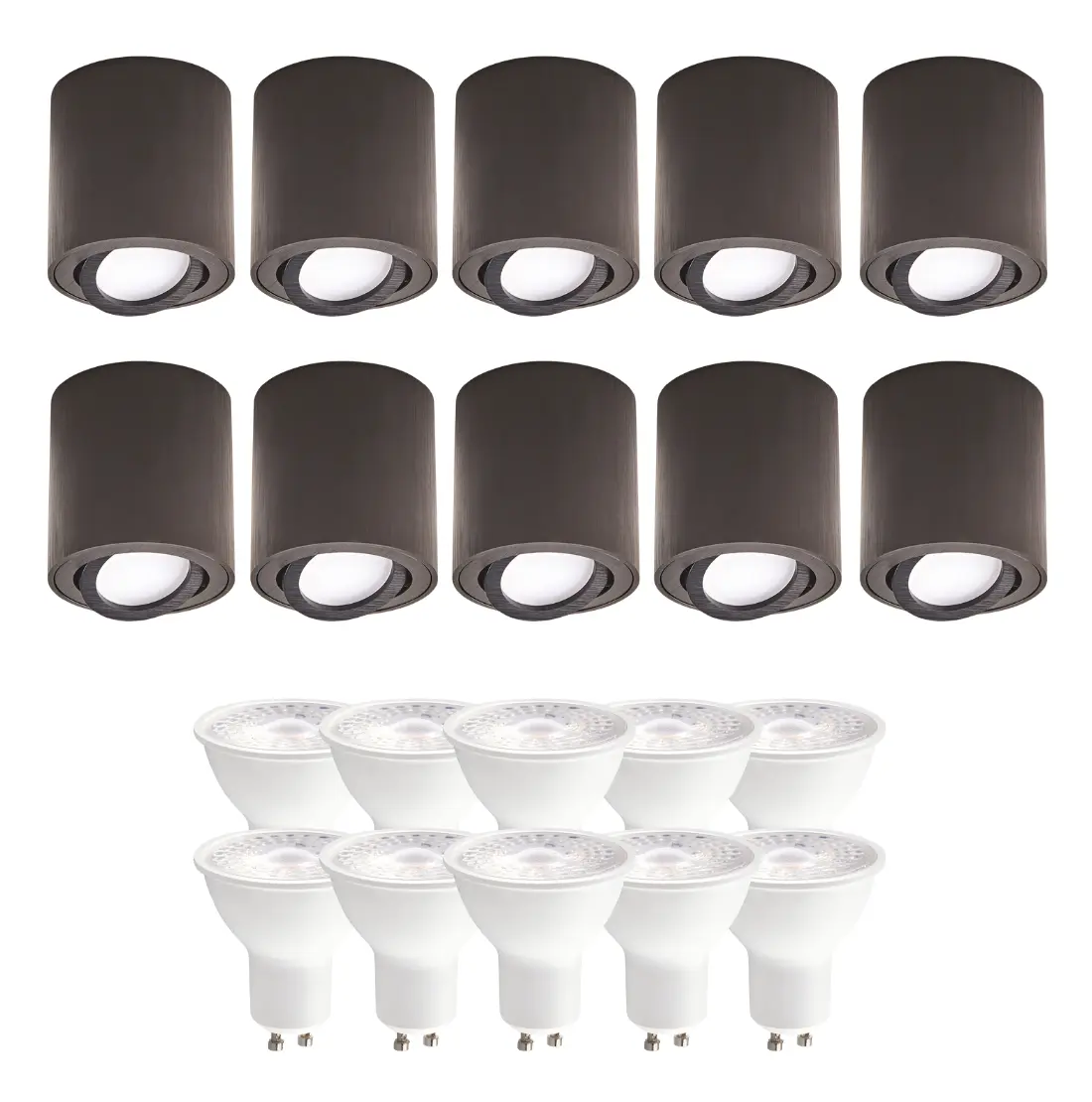Opbouwspots | 10 stuks pakket incl. Gu10 3000K | Zwart | met kantelfunctie | Binnen | 230V