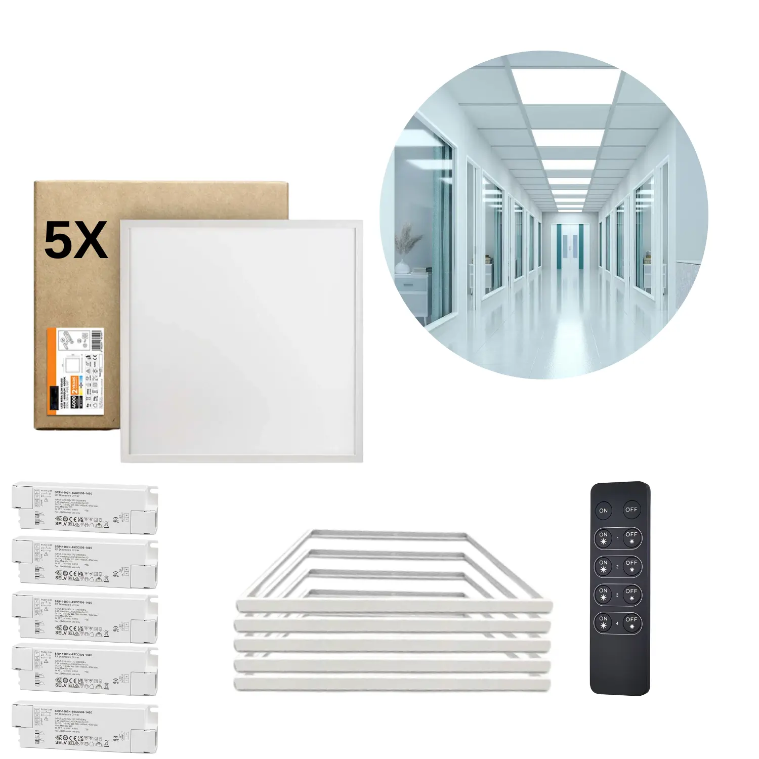 LED-panel 60x60 | 5-pack | Dimbar | 4000K | 4000lm | Inkl. fjärrkontroll och Troldtekt-ramar | NIRA | Vit