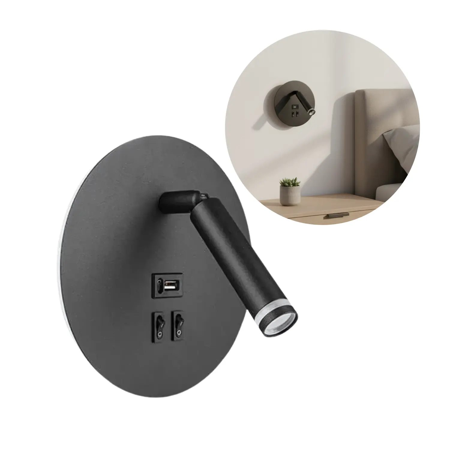 Wandlamp met USB Type A + C | LED-achtergrondverlichting | G9 | Zwart 