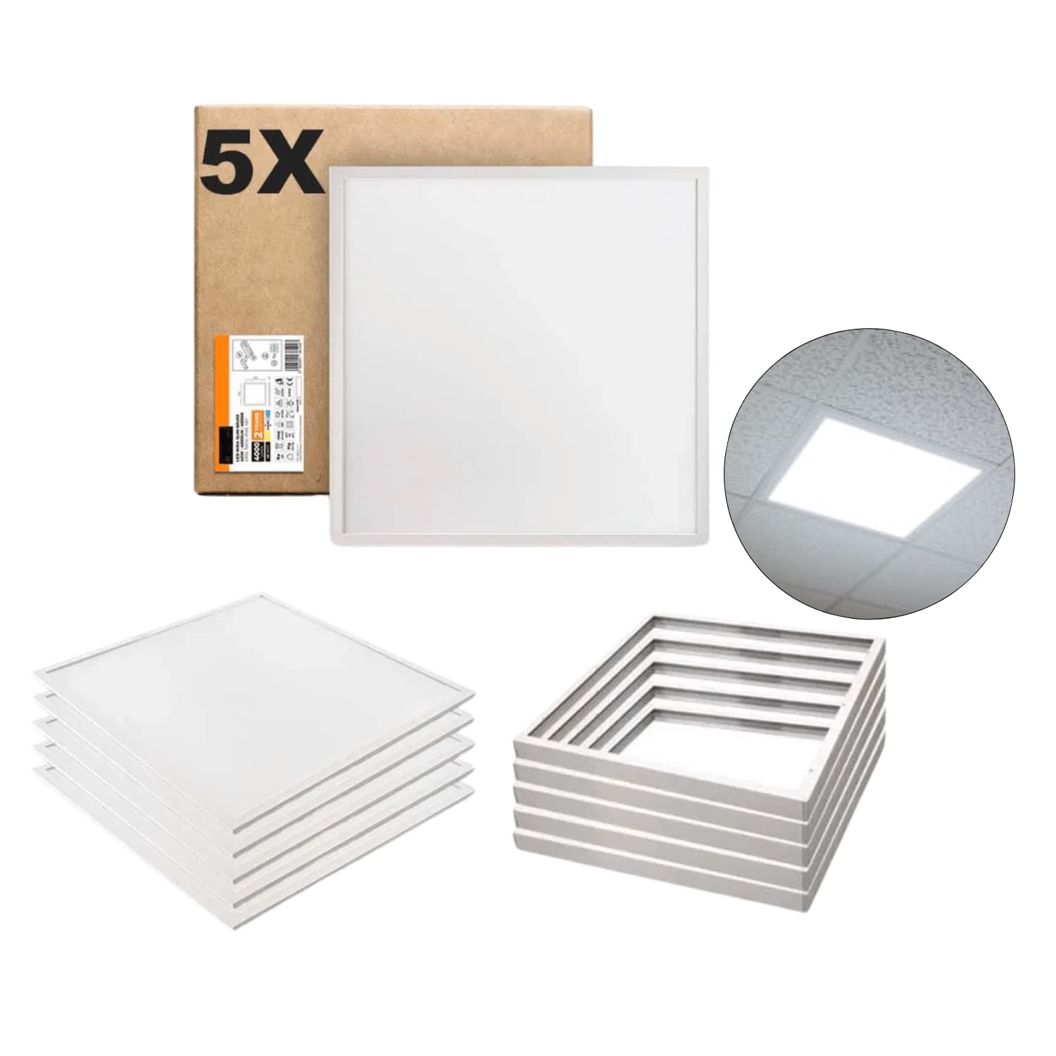 LED Panel 60x60 | 5-pack | 4000K | 4000lm | 40W | NIRA | Inkl. ram för utanpåliggande | Vit