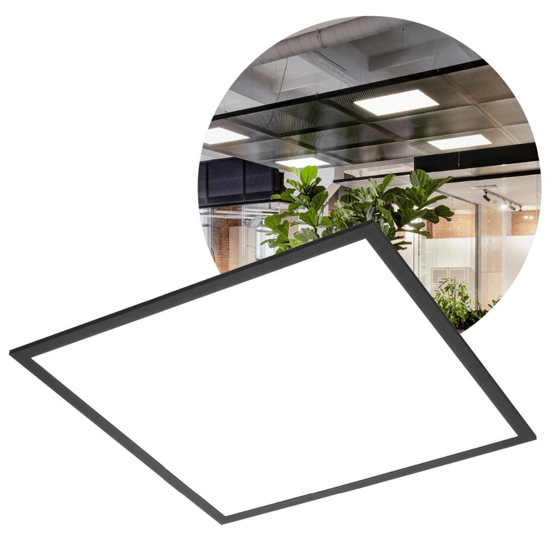 LED Panel 60x60 mit schwarzem Rand, integrierter LED, 40W Leistung, 4000K neutralweißem Licht und 4000 lm Helligkeit. Das Einsatzbild zeigt das Panel in einer Büroumgebung montiert.