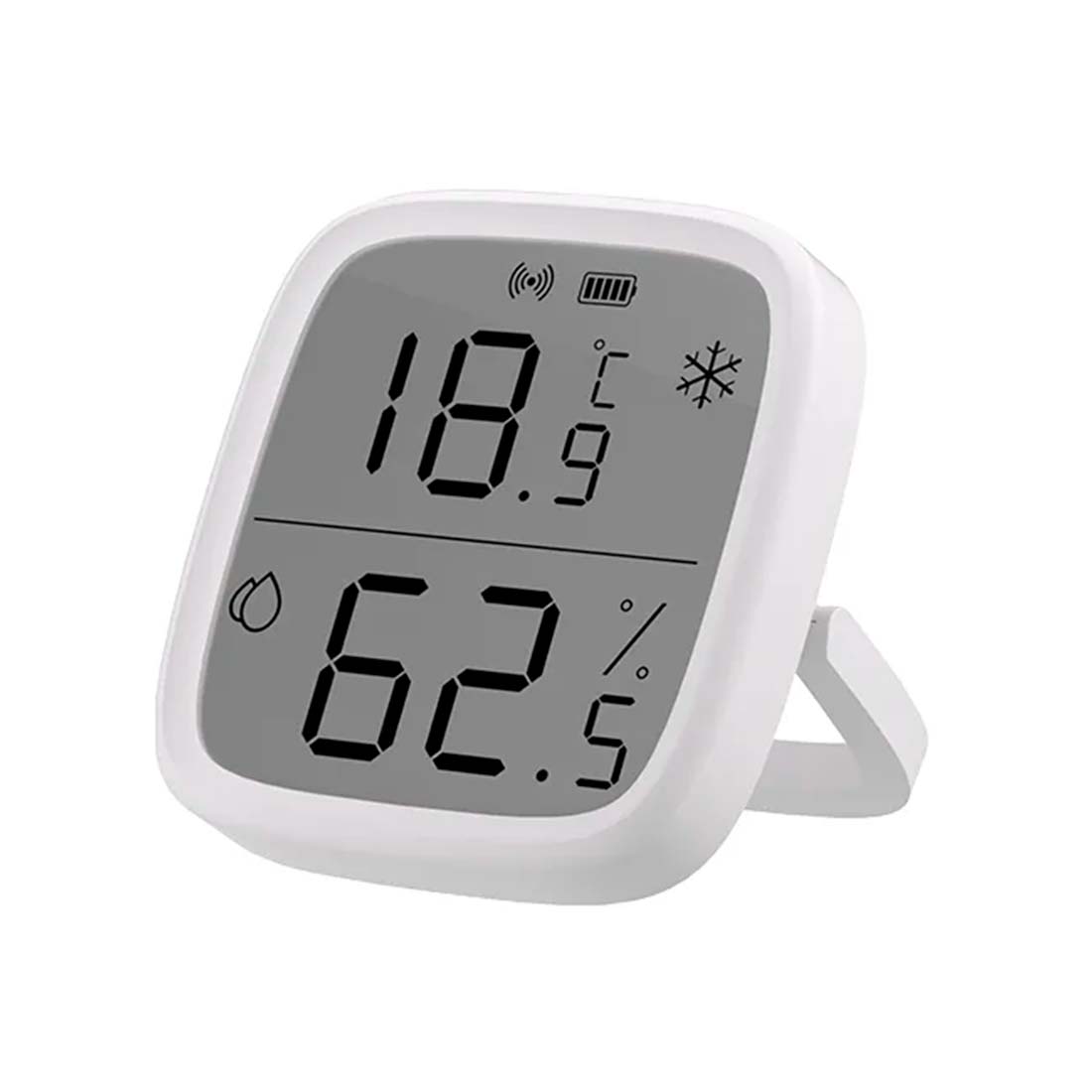 Zigbee temperatur og fugt sensor i hvid med tydelig visning af temperatur og luftfugtighed, placeret på støttefod.