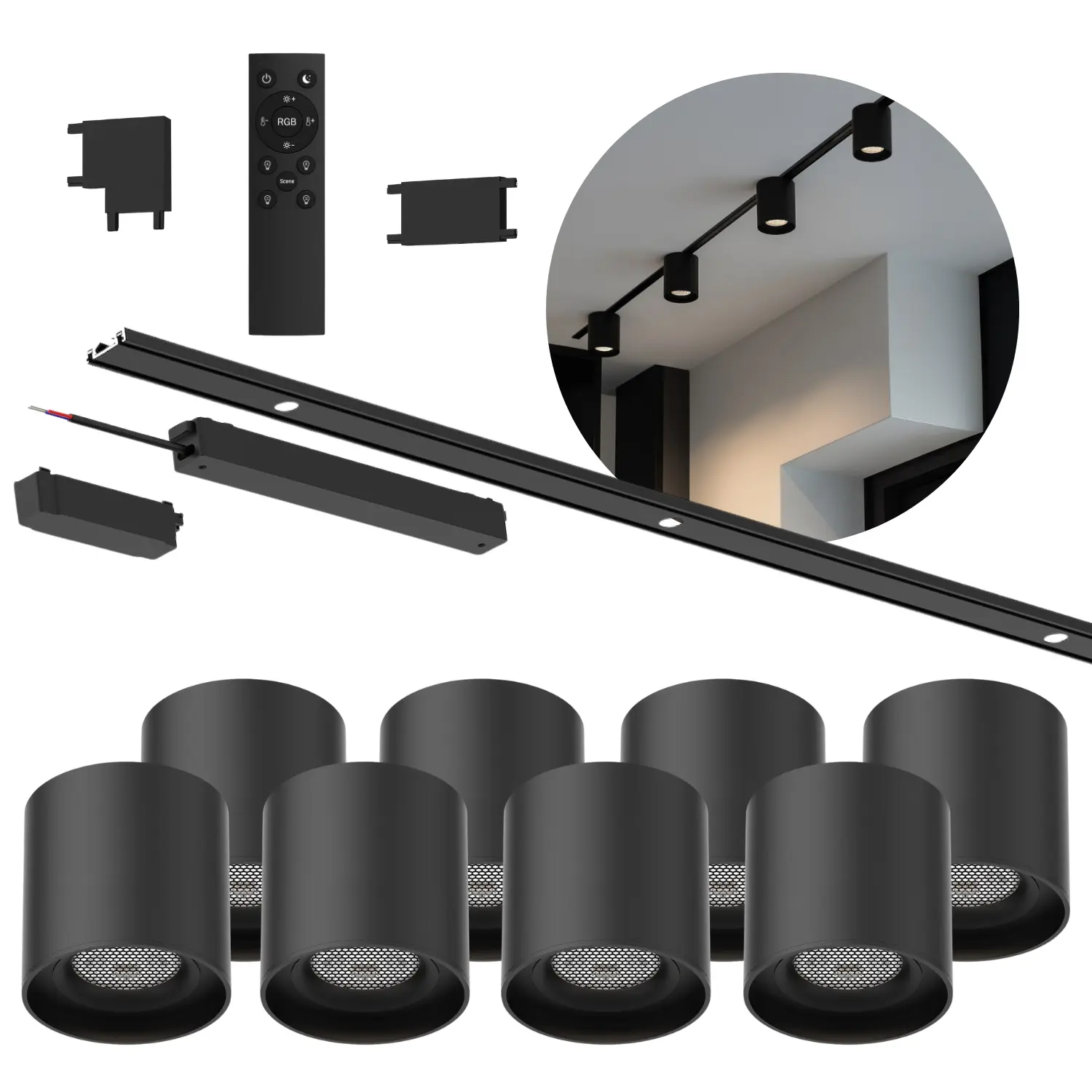 Spotlight på skena | 4m | TUYA | 8 Spots | CCT | 400lm | 6W | SlimTrack | Svart