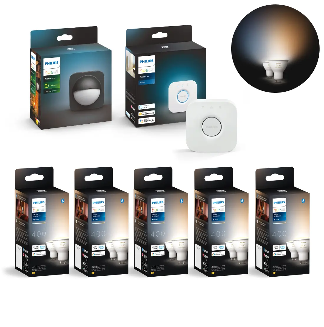 Philips Hue Upgradepakket | 10x Hue GU10 White Ambiance lampen | Hue Bridge + Hue Buiten Sensor