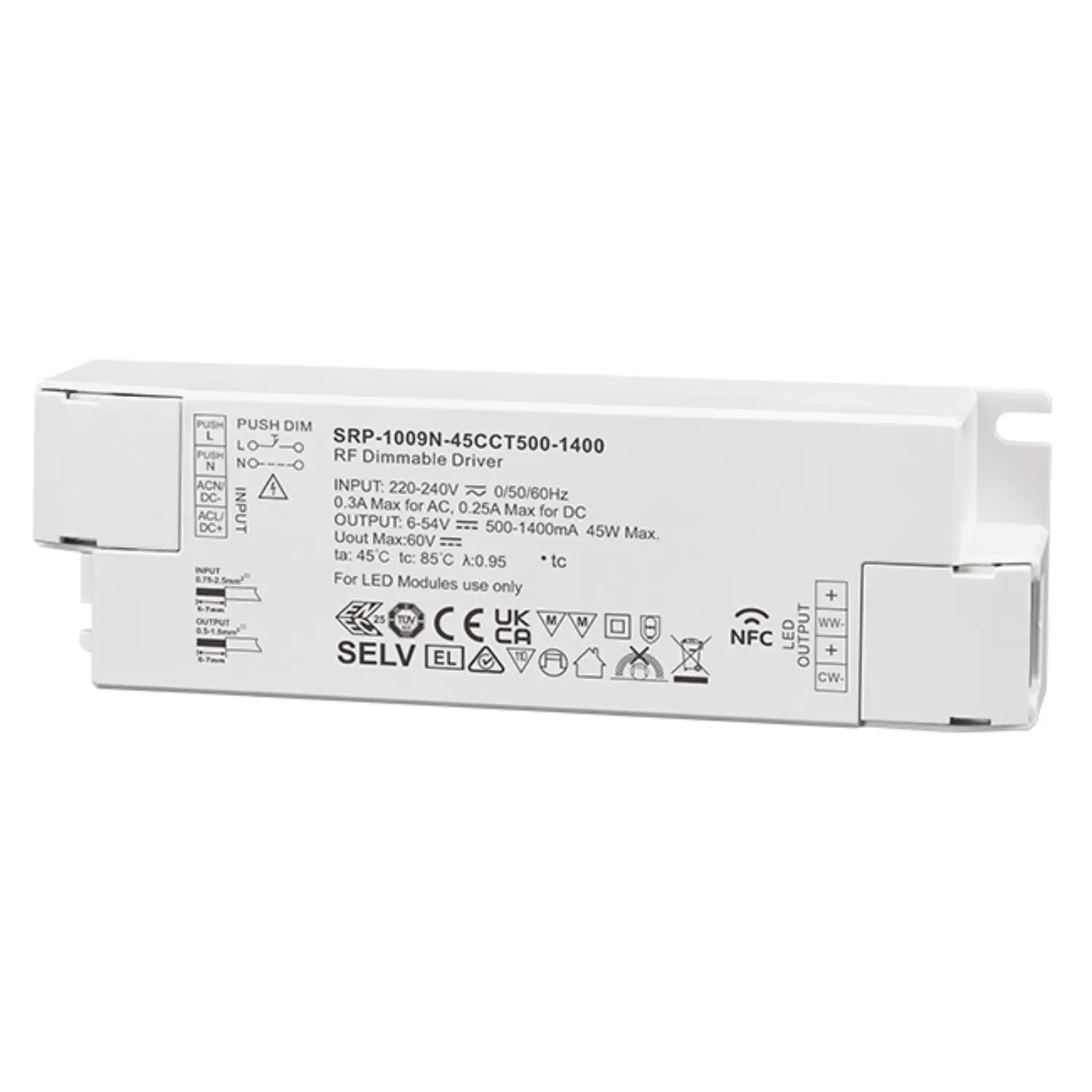 RF LED Panel Driver | CCT | 45W | 500-1400mA | 2CH | NFC Dæmpbar Driver