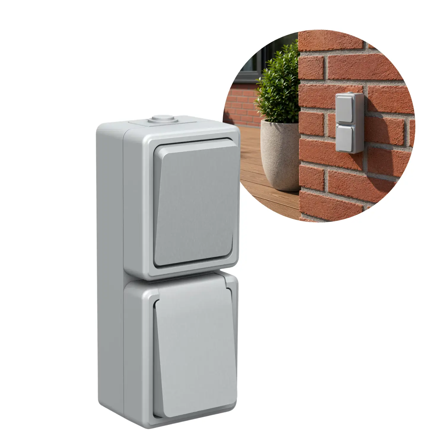Buitenstopcontact met schakelaar | IP54 | 250V | 2300W | Enkelvoudig met aarde | Grijs
