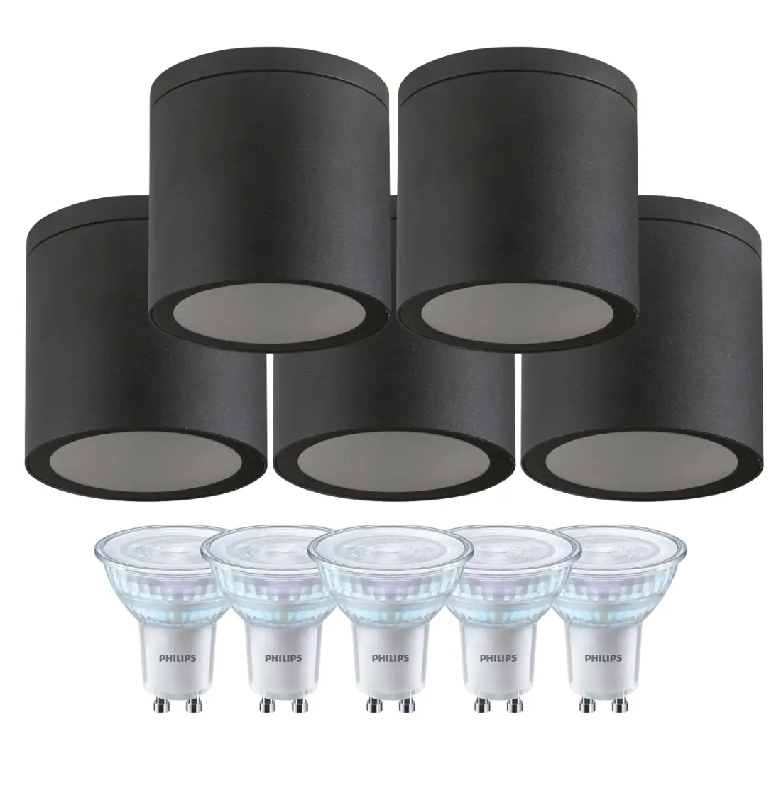 Takspotlight | 5 st. Paket inkl. dimbar GU10 3000K | Utomhus | Rund | Svart | QZ