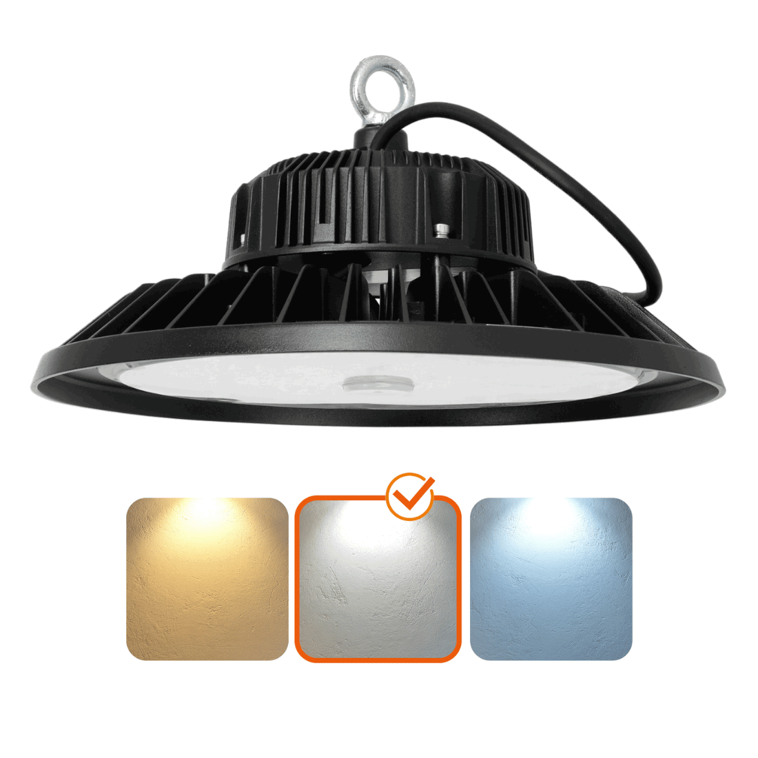 LED industrilampe RIO PRO 200W i sort aluminium med ophængsøje og ribbet kølekonstruktion. Lampen er vist med tre lysfarver, hvor 4000K neutral hvid er markeret som valgt.