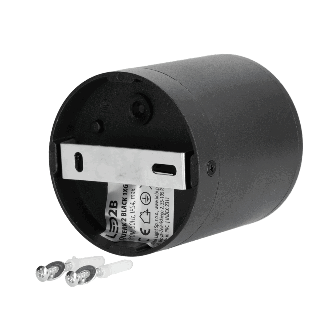 Baksidan av spot med monteringsfäste och medföljande skruvar för fastsättning.