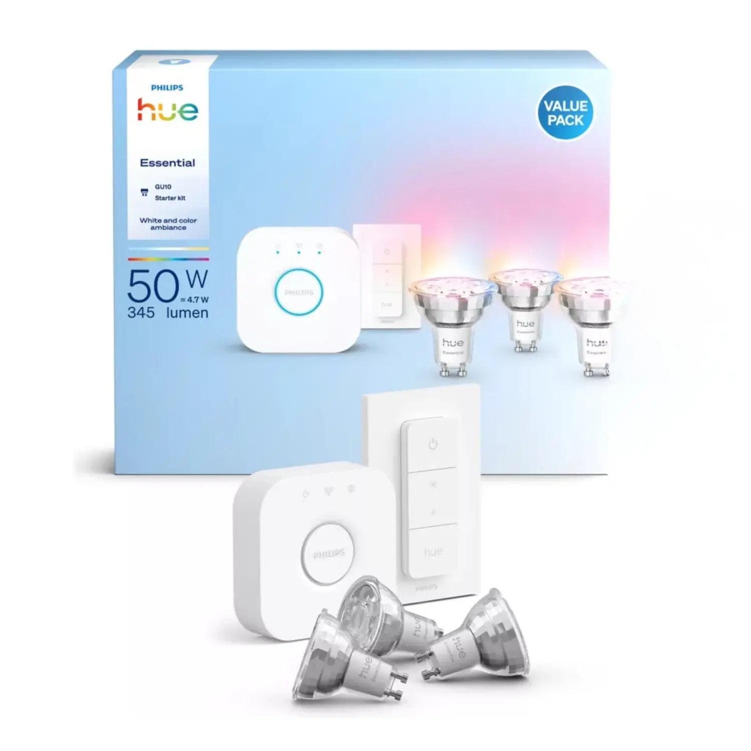 Philips Hue Essential GU10 Startsæt | White & Color Ambiance | Bridge + Switch | 345lm | 4.7W